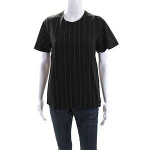 Ellery Womens Black Striped Crew Neck Zip Back Short Sleeve Blouse Top Size 2